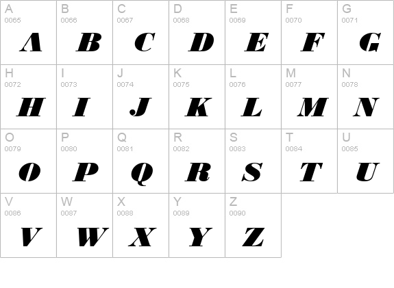 BodoniDBla Italic uppercase A-Z preview