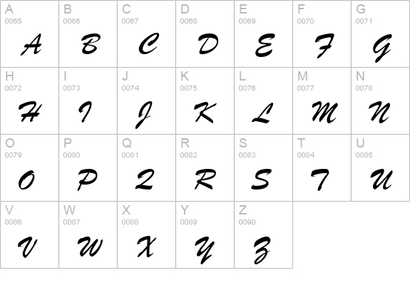 BrushScriptSW Light uppercase A-Z preview