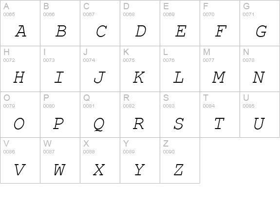 Courier-PS-Italic uppercase A-Z preview