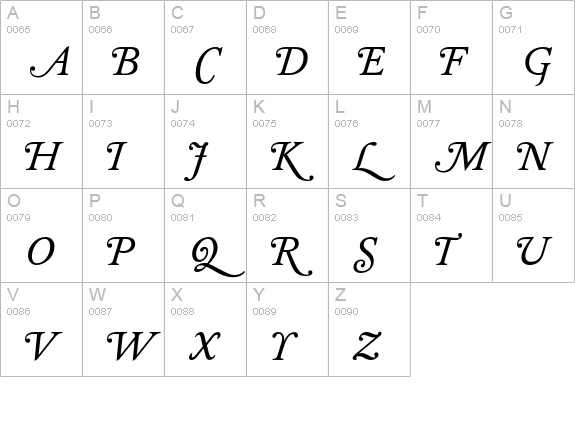 DTLElzevirTBookSwash-Italic uppercase A-Z preview