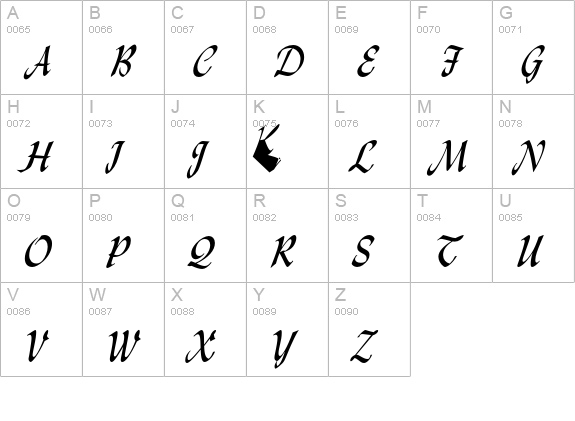 Lydian Cursive uppercase A-Z preview
