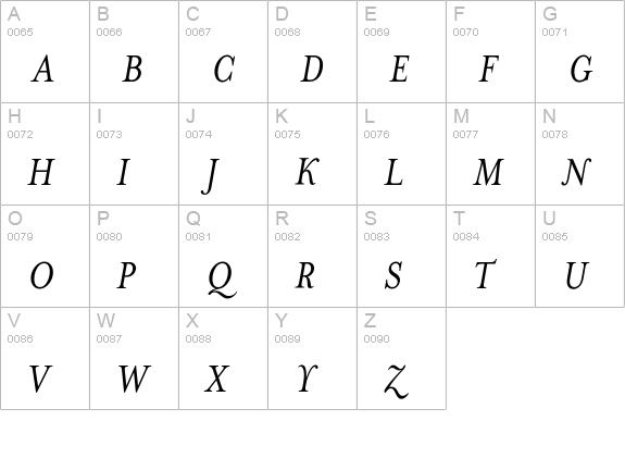 MrsEavesItalic uppercase A-Z preview