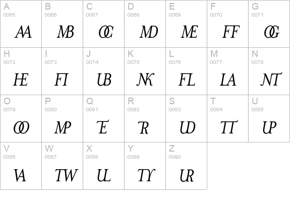MrsEavesJustLigItalic uppercase A-Z preview