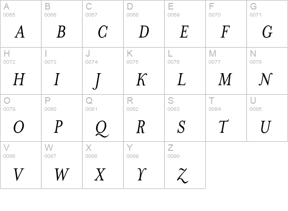 MrsEavesSmartLigItalic uppercase A-Z preview