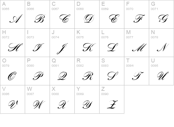 Romantica script uppercase A-Z preview