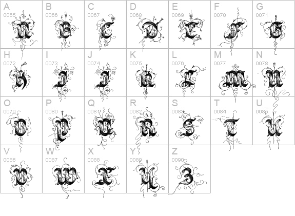 Saraband Initials uppercase A-Z preview