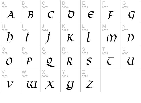 Valhalla Condensed Italic uppercase A-Z preview