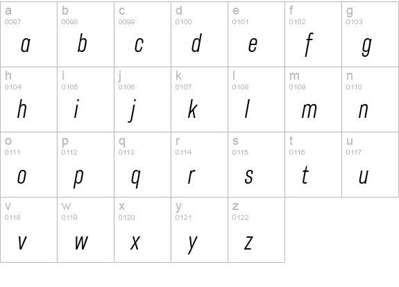 Americane Condensed Light Italic lowercase a-z preview