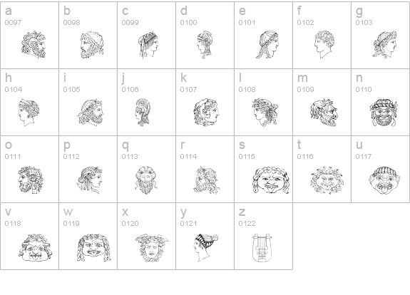 Ancient Heads lowercase a-z preview