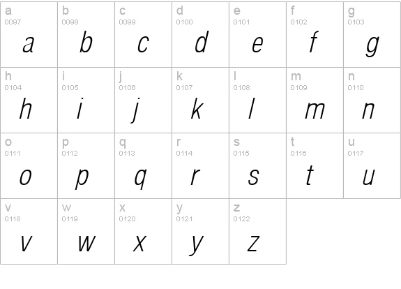 Arena Cond Light Italic lowercase a-z preview