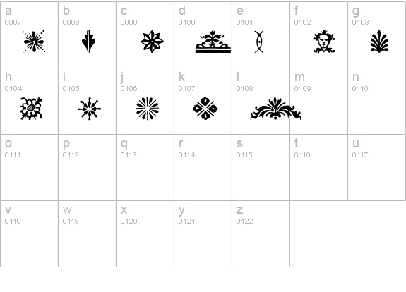 BodoniEF-Ornaments lowercase a-z preview