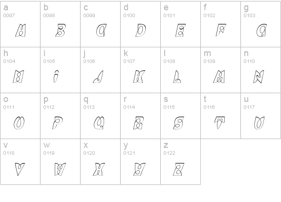 BrashCapsOutline Italic lowercase a-z preview