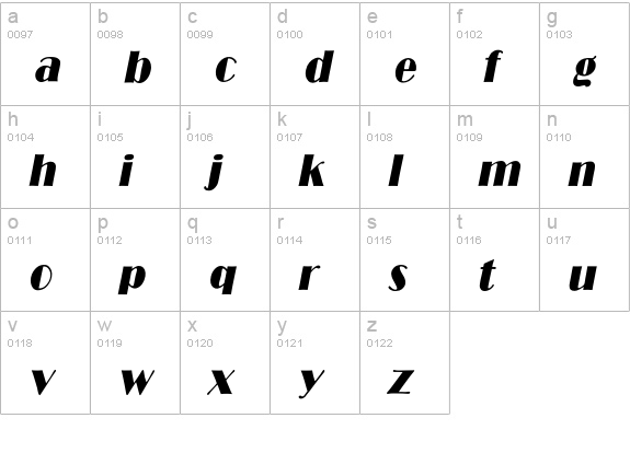 BroadwayCondItalic lowercase a-z preview