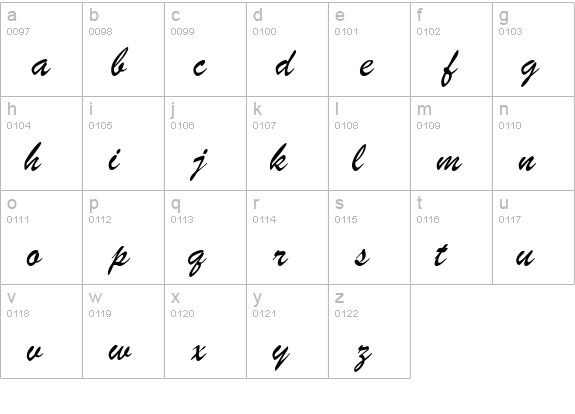 BrushScriptSW Light lowercase a-z preview