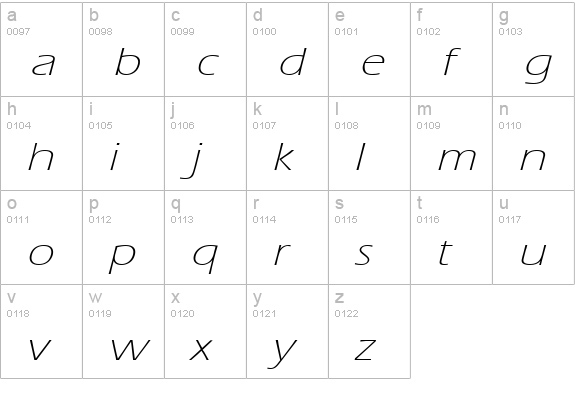 Eric Lite Extended Italic lowercase a-z preview