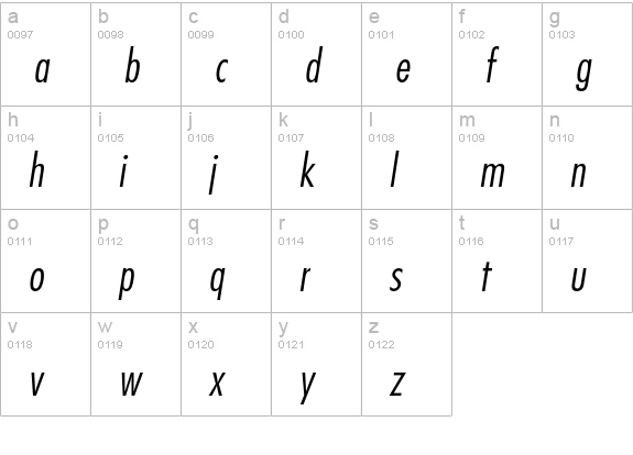 Futura Std Light Condensed Oblique lowercase a-z preview
