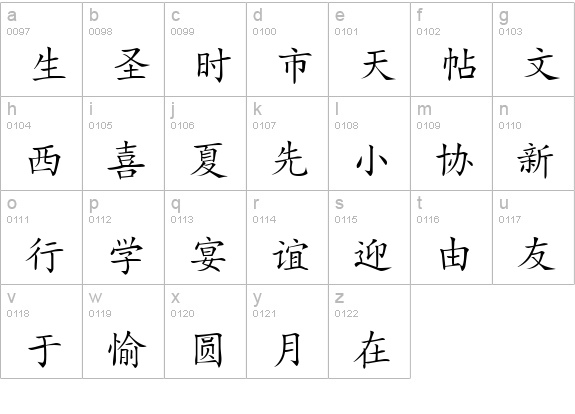 HanziKaishu lowercase a-z preview