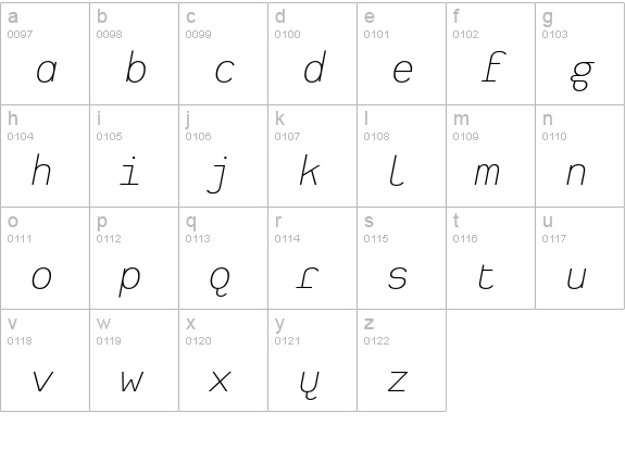 Heimat Mono ExtraLight Italic lowercase a-z preview