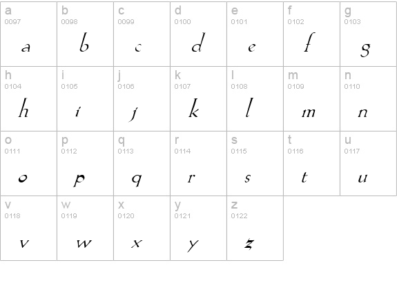 Lilith Italic lowercase a-z preview