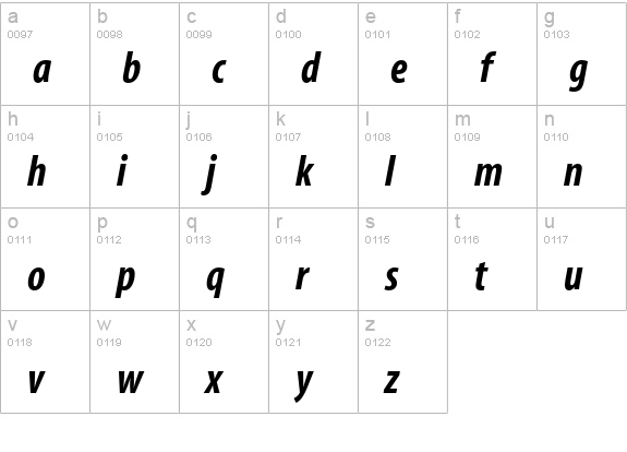 Myriad Bold Condensed Italic lowercase a-z preview