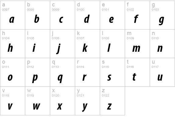 Myriad Pro Bold Condensed Italic lowercase a-z preview