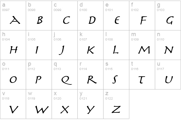 Mythology Wide Italic lowercase a-z preview