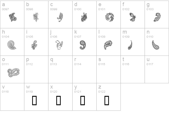 Paisley II lowercase a-z preview