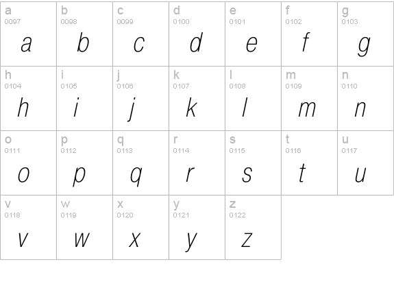 Pragmatica Cond ExtraLight Oblique lowercase a-z preview