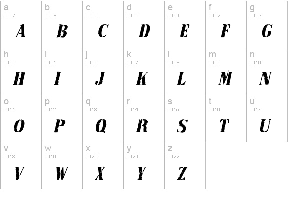 RubberStampCondensed Italic lowercase a-z preview