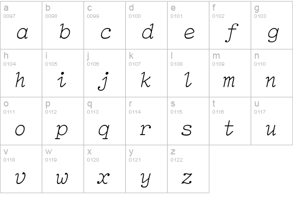 TiredOfCourierThin Italic lowercase a-z preview