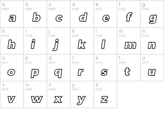 Trueno Black Outline Italic lowercase a-z preview