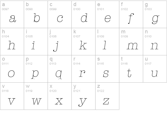 TypewriterSerial-Xlight-Italic lowercase a-z preview