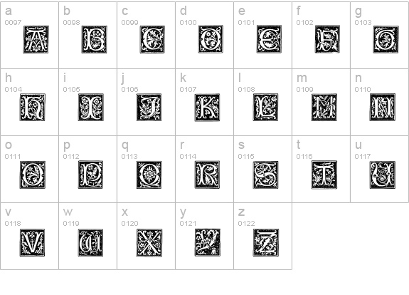 TypographerWoodcutInitialsOne lowercase a-z preview