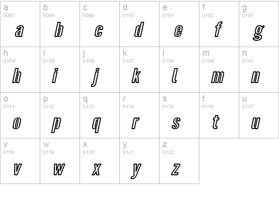Warsaw Gothic Extended Outline Oblique lowercase a-z preview