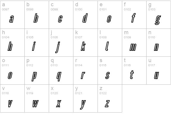 Warsaw Gothic Outline Oblique lowercase a-z preview